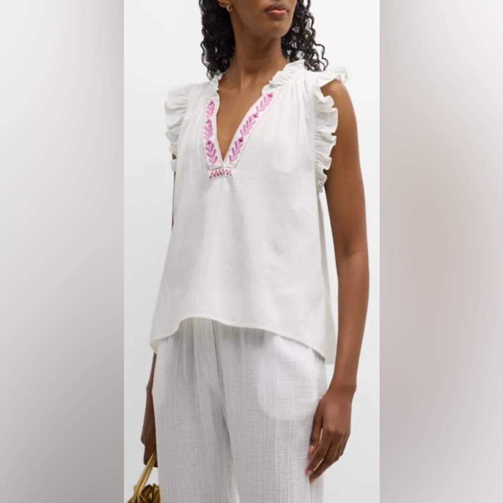 XiRENA Elyza White and Purple Embroidered Ruffle Trim Top | NWT Size Medium